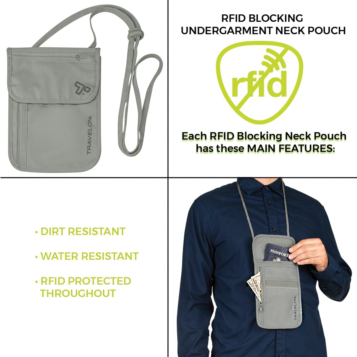 Rfid Blocking Undergarment Neck Pouch Travel Wallet, Gray, One Size - Image 7